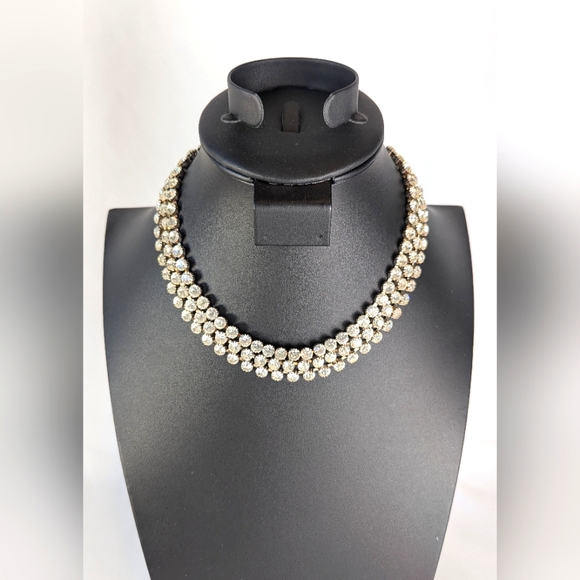 Vintage Three Strand Collar Necklace Clear Crystal Rhinestones Silver Sparkly - Picture 1 of 7